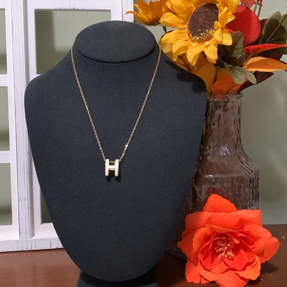 Mini Pop "H" Necklace Gold Tone 925 Stamped Chain w/ S925 White Enamel H Pendant - Picture 8 of 8